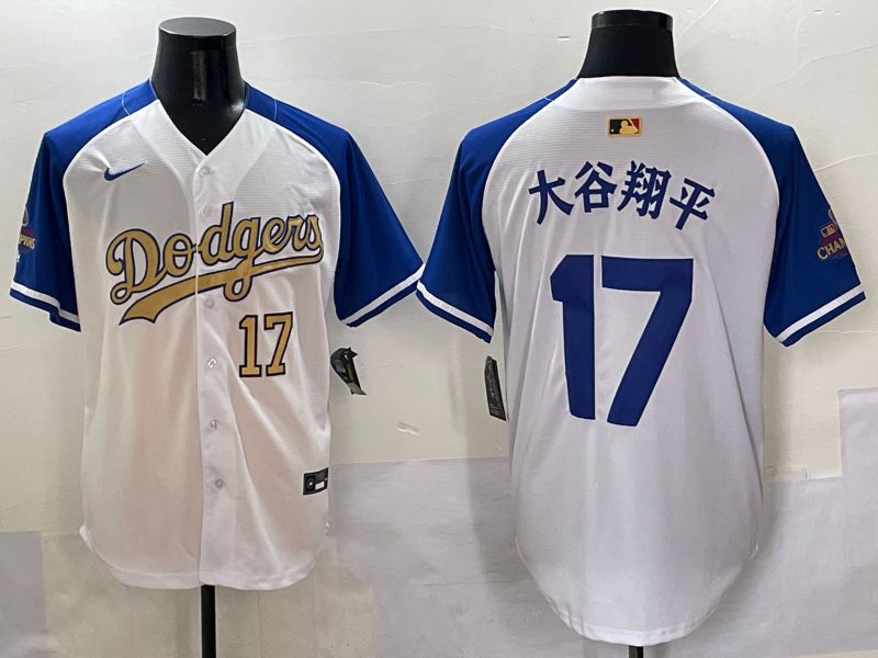 Men Los Angeles Dodgers 17 Ohtani White Blue Champion gold character Nike 2025 MLB Jersey style 5051